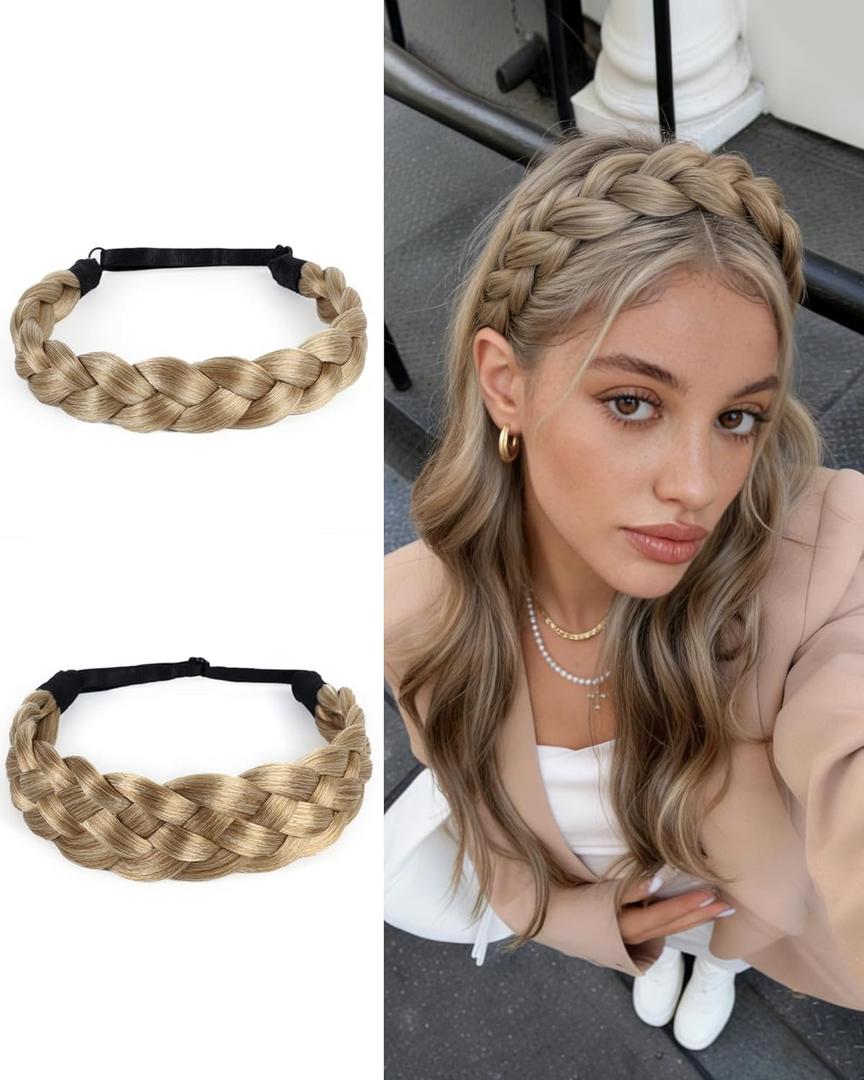 NAISIER Braided Hair Headband 2 Pcs Chunky Wide head bands for women's Hair Plaited Headband High Elasticity Braids for women(Mix Blonde)