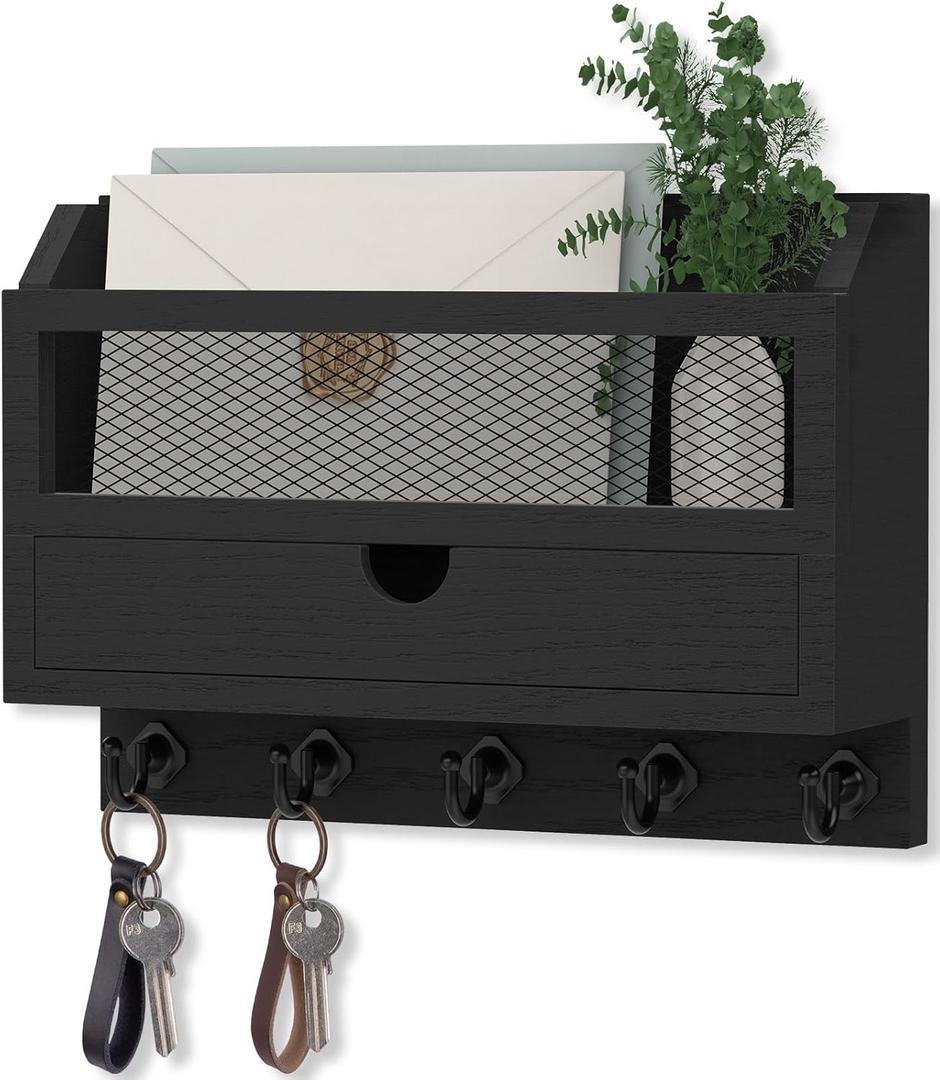 Nekon Key and Mail Holder for Wall, Key Organizer with 5 Hooks & Storage Drawer, 11" W x 7.9" H x 3.1" D Wooden Key Rack for Entryway and Home Decor (Black)