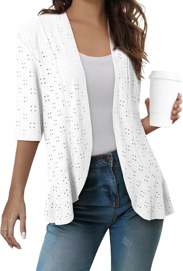 Sidefeel Lightweight Summer Cardigan for Women Spring Netted Knit Ruffle Half Sleeve Kimono Cover Ups (White, XXXL)