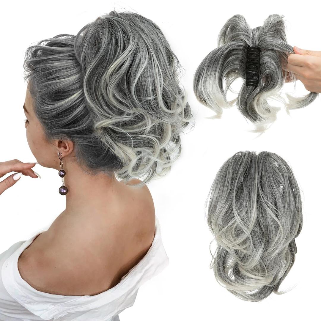 CJL HAIR Claw Clip Short Ponytail Hair Extensions DIY Bendable Metals Messy Bun Hair Piece for Wonen Wavy Curly Synthetic Fake Hairpieces Salt and Pepper