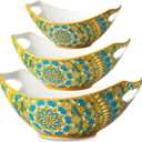 LAUCHUH Serving Dishes for Entertaining, Porcelain Serving Bowls with Handles Bohemian Salad Bowls Set Nesting Bowls for Mother's Day Party, Set of 3, 15/28/49 oz, Blue and Yellow