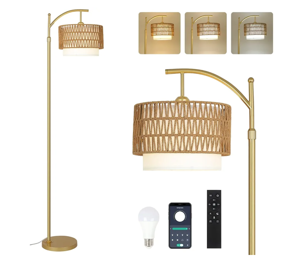 Gold Floor Lamps for Living Room with Remote & Dimmable LED Bulb, Modern Arc Floor Lamp with 3 Color Temperatures, Boho Standing Lamp with Rattan & Fabric Shades, Adjustable Tall Lamp for Bedroom