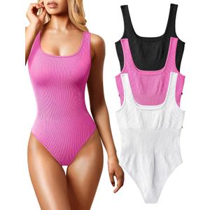 OQQ Women's 3 Piece Bodysuits Sexy Ribbed Sleeveless Square Neck Tank Tops Leotard 2025 Trendy Outfits, M