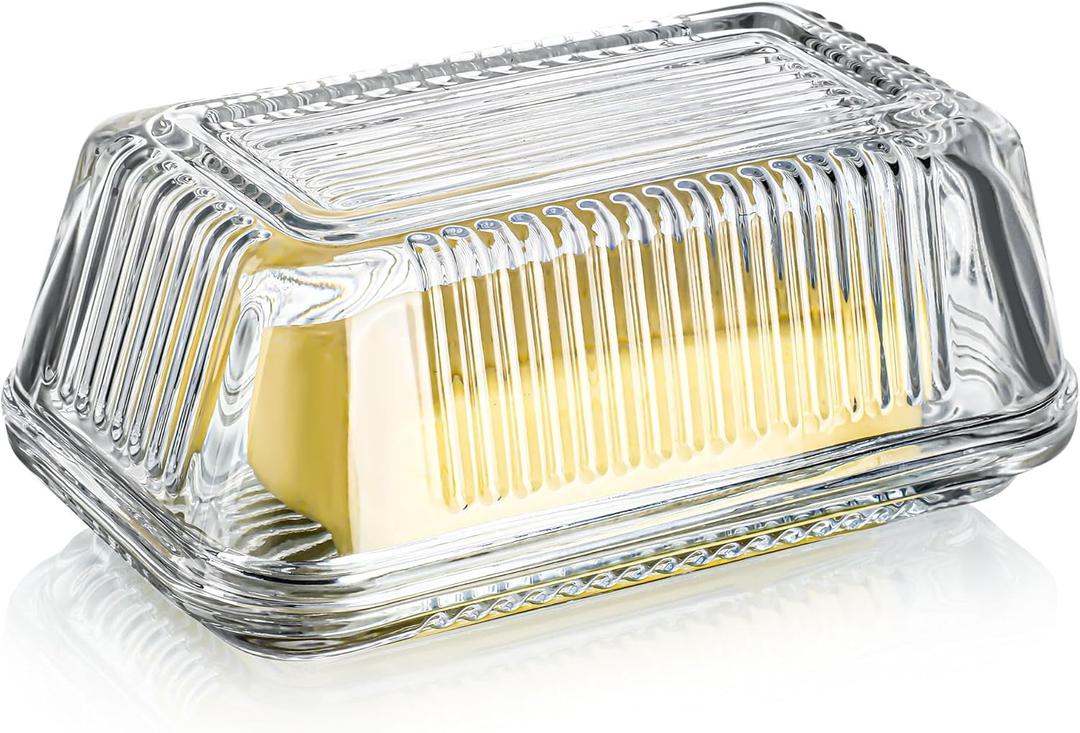 Clear Glass Butter Dish with Lid for Countertop, 6.5" Crystal Butter Dish with Cover, Covered Butter Tray for Refrigerator