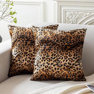 CARRIE HOME Soft Plush Leopard Print Faux Fur Decorative Throw Pillow Covers for Home Couch Sofa (Set of 2, 18x18 inch)