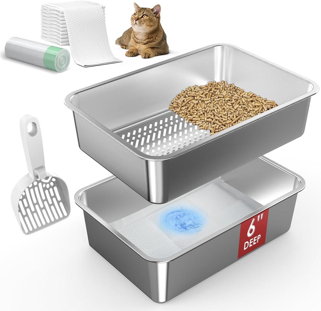 19.6''x13.7''x6'' Suzzipaws Stainless Steel Litter Box, Open Top Sifting Litter Box for Pine Pellets, Metal Litter Pan Tray System with Pee Pads & Liners, Odor Control, Low Dust, Easy Cleaning (Large)