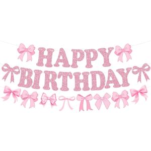 Glitter Pink Bow Happy Birthday Banner Pre-Strung Coquette Birthday Decorations Bow Theme Party Backdrop Sign Garland Pink Bow Party Supplies Decorations for Women Girls,NO-DIY