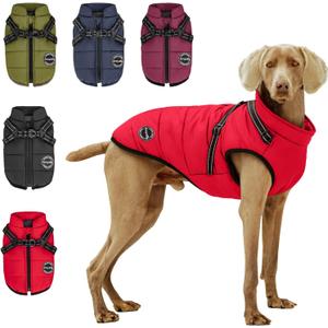 Warm Dog Winter Coat, Fashion Sports Dog Cold Weather Jacket with Built-in Harness, Reflective & Adjustable Comfortable Pet Vest, Windproof Apparel for Small Medium Large Dogs (Red) (2XL)
