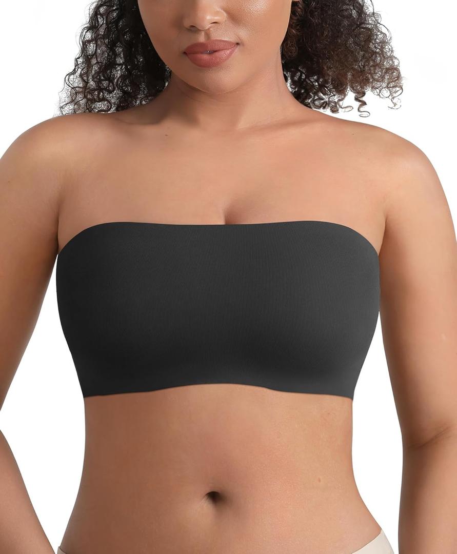 FeelinGirl Strapless Bra for Women No Underwire Seamless Padded Anti-Slip Tube Top Bandeau Bra Comfy Smoothing Bralette (Medium, Black)