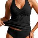 Womens Halter Tankini Swimsuit - Tummy Control Bathing Suit Two Piece Swimsuit V Neck Swimwear 2025 (Black) XXL