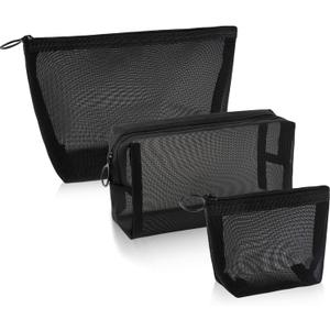 Boao 3 Piece Mesh Cosmetic Bag Mesh Makeup Bag with Zipper Pouch Travel Toiletry for Makeup Organizer Home Office Travel Accessories(Black)