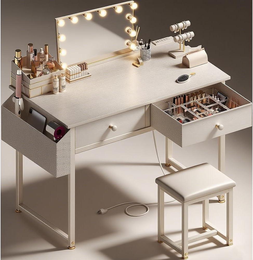 White Makeup Vanity Desk No Mirror with Chair, Small Vanity Table Set with Fabric Drawers, Power Outlet & Chair Without Mirror, Modern Make Up Desk for Girls Bedroom