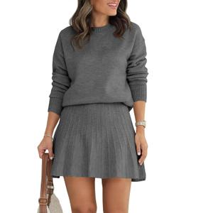 Tankaneo Womens Skirt 2 Piece Sweater Set Long Sleeve Crewneck Sweaters Pleated Mini Skirt Knit Lounge Sets, L