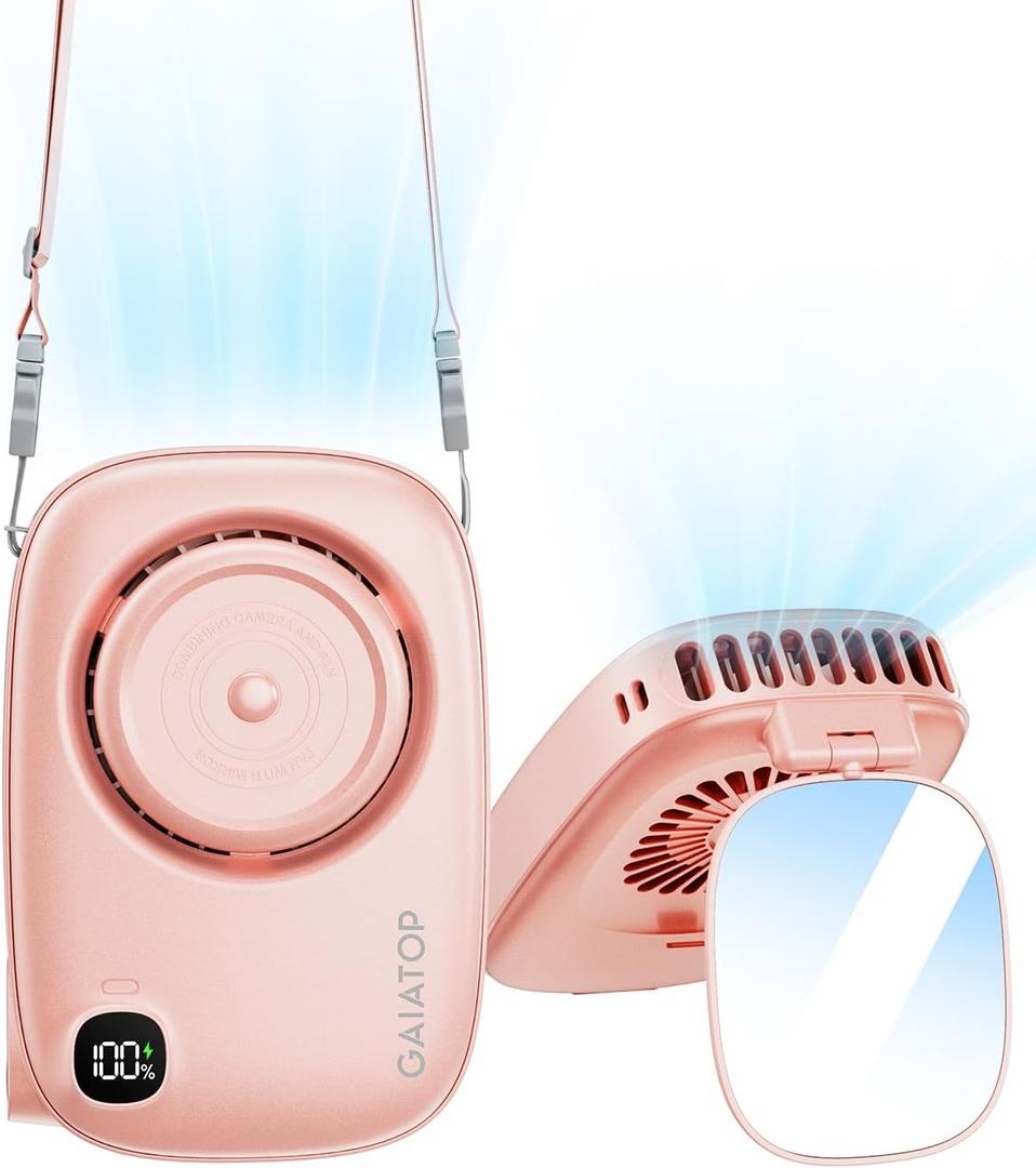 Gaiatop Mini Neck Fan, Rechargeable Handheld Desk Use, LED Power Display 3 Speed 360°Rotate Mirror for Lash Makeup, Cute Camera Design Small Portable USB Fans Personal Cooling Travel Essentials