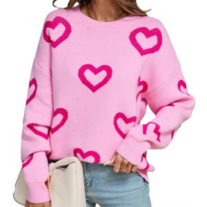Women Y2k Valentines Oversized Knit Sweater Heart Print Long Sleeve Crew Neck Loose Pullover Tops Streetwear (Medium, Pink-rose Red Heart)