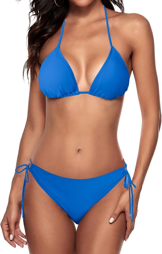 Zonsaoja Women String Bikini Set Halter Side Tie Two Piece Swimsuit Triangle Bathing Suits (Medium, Blue)