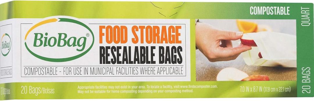 BioBag 100% Certified Compostable Resealable Food Storage Bags, 20 Count, Quart, Perfect for Refrigerator