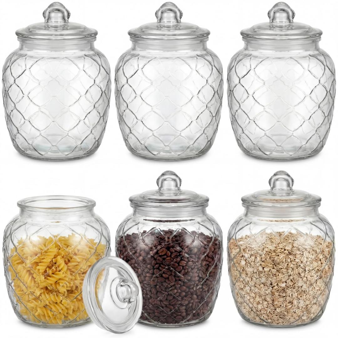 LemonRoad 6 Set 41 oz Glass Jars with Airtight Lids, Embossed Canisters