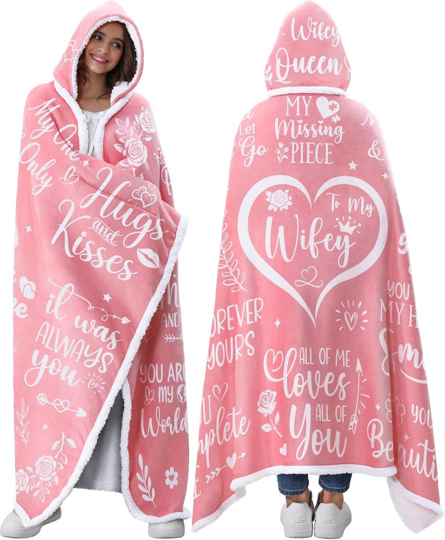 Christmas Wife Gifts from Husband, Wifey Sherpa Fleece Pink Wearable Blanket Hoodie for Women Cozy Birthday Gifts Idea for Her, Unique Anniversary Valentines Day Gift for Her Mothers Day Gift for Wife