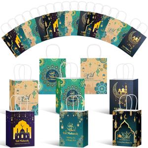 Cholemy 30 Pcs Eid Mubarak Gift Paper Bags with Handles Ramadan Gift Muslim Party Goody Treat Bags for Eid Mubarak Holiday Party Favor Supplies Decor Candy Gifts