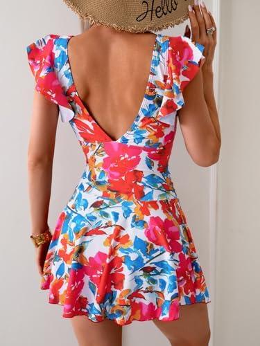 Aidonger One Piece Swimdress Tummy Control Ruffle Swimsuit for Women Tie Knot Swim Dresses V Neck Bathing Suit Skirt Size XS
