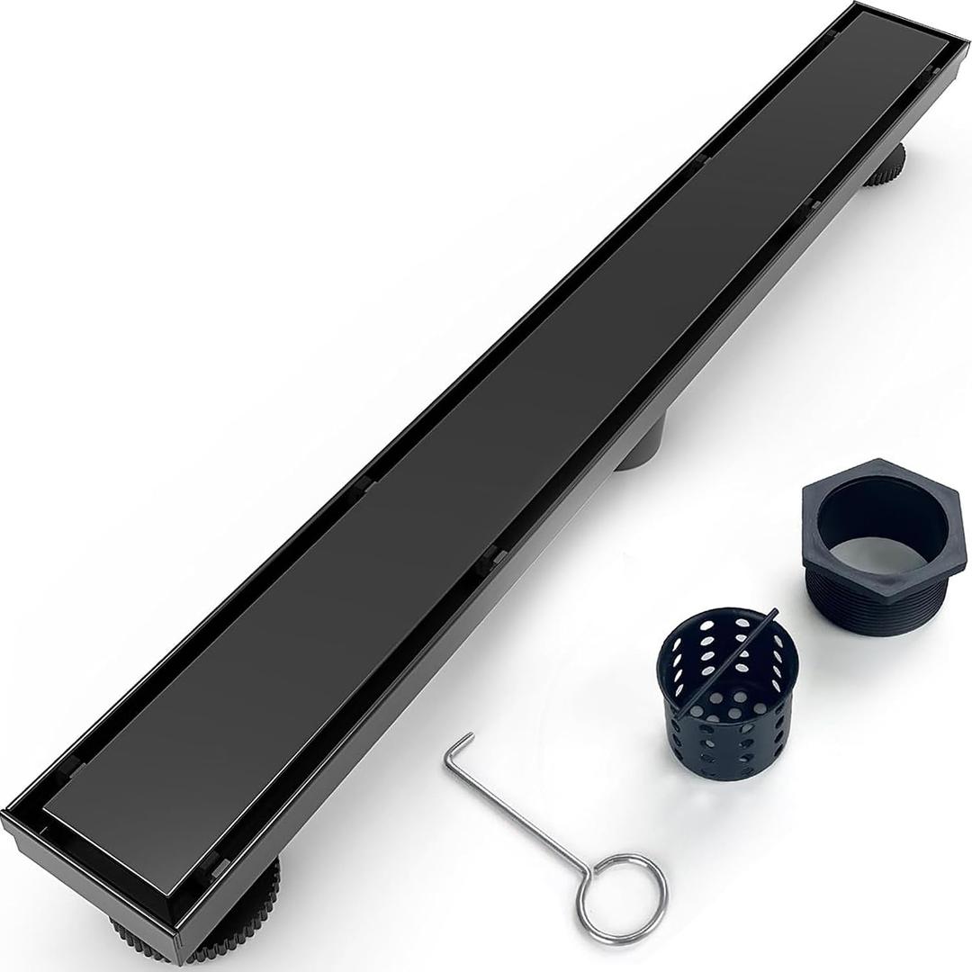 32 Inch Linear Shower Drain Matte Black Floor Drain for Bathroom Kitchen Rectangular 2 in 1 Floor Drain Tile Insert Cover 304 Stainless Steel Easy Install with Hair Strainer, Adjustable Leveling Feet