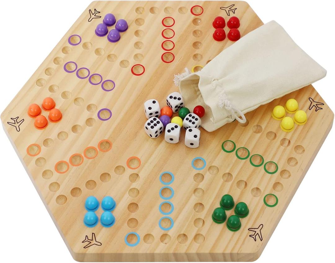 HOROW Wahoo Board Game Wooden Original Board Game Classic 2 Side Painted Fast Track Game for 4 Player and 6 Player with 30 Marbles,6 Dices for Family Game Night(6large,Log)