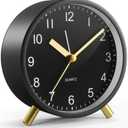 Analog Alarm Clock, Super Silent Non Ticking with Night Light, Battery Operated, Bedroom Clock,Fashionable Round Metal Alarm Clock for Office, Elderly, Adults, Children, School Gift (Black)