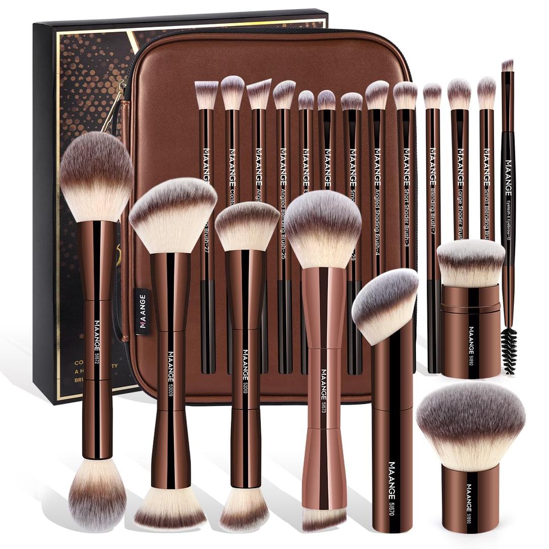 MAANGE 20 PCS Makeup Brush Set with Bag, Double-ended Kabuki Brush Foundation Contour Brush for Liquid Powder Concealer Eye Shadows Cream Cosmetics Blending Blush Face Makeup Tools with Case (Coffee)