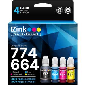 E-Z Ink 774 664 Ink Refill Bottles Replacement for Epson 664 Ink Refill Bottles 774 T774 to use with ET-2650, ET-16500, ET-4500, ET-2550, ET-3600, ET-2600 (Black, Cyan, Magenta, Yellow, 4 Pack)