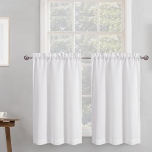 Chyhomenyc White Curtains 30 Inch Length, Faux Linen Textured Small Cafe Curtain, Light Filtering Short Curtains for Bathroom Curtain Window, 30x30 Inch, 2PCS