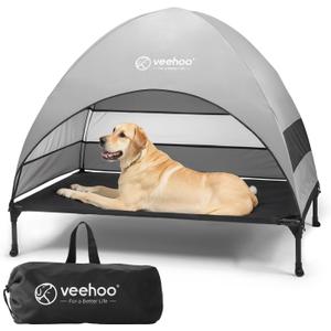 Veehoo Outdoor Dog Bed with Canopy, Cooling Elevated Pet Cot with Removable Shade, Non-Slip Feet, Raised Dog Cot for Large Dogs, Pet Tent Bed for Camping, Beach, Large, Black, CWC2411