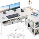 AODK 53 Inch L Shaped Computer Desk with Drawers, Corner Desk with Power Outlets & Reversible Storage Shelves, for Home Office Gaming, White