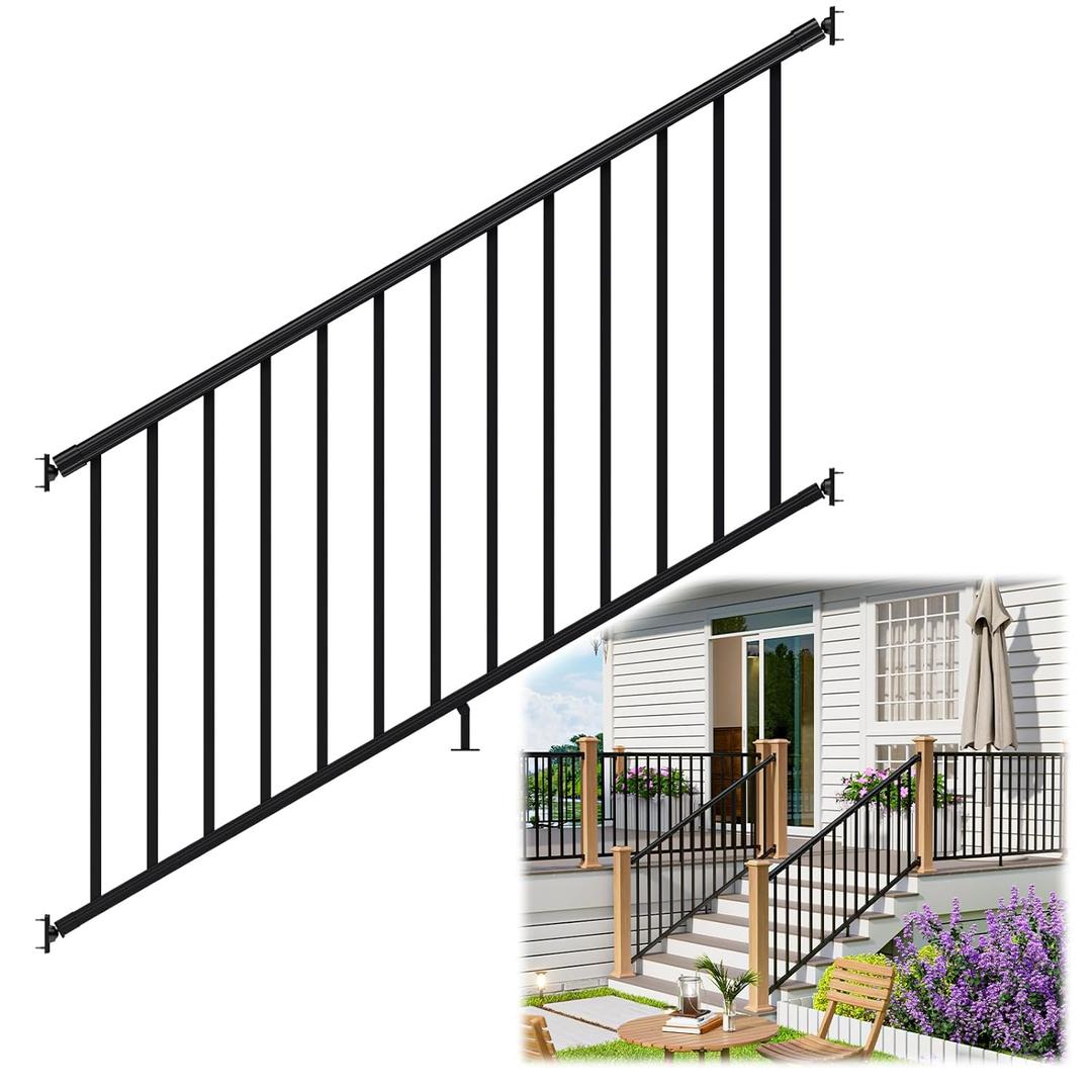 1 Pack 36 in. H x 6 ft. W Porch and Deck Railing Kit Without Post, Aluminum Stair Railing Kit, Black Textured Powder-Coat Finish Railing System for Concrete Steps or Wooden Stairs (1 Panel)