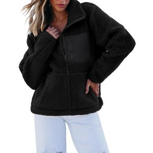 luvamia Sherpa Jackets for Women Trendy Zip Up Long Sleeve Winter Fall Casual Warm Fleece Coat Jackets with Pockets (Large, Black)