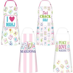 4 Pack Mahjong Aprons with Pockets Mahjong Gifts for Women Polyester Mah Jong Themed Kitchen Gifts Adjustable Neck Strap Aprons for Mother's Day for Majiang Lovers Cooking Grilling Baking