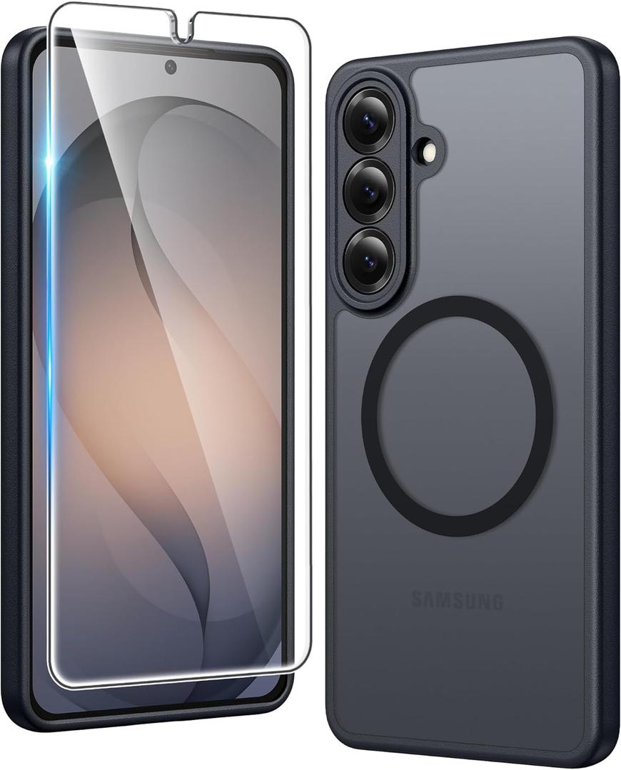 FNTCASE for Samsung Galaxy S26-Plus Case: Matte Magnetic Phone Cases with Screen Protector Compatible with Magsafe Slim Anti Yellowing Protective Translucent Cover (Frosted Black Magnetic)