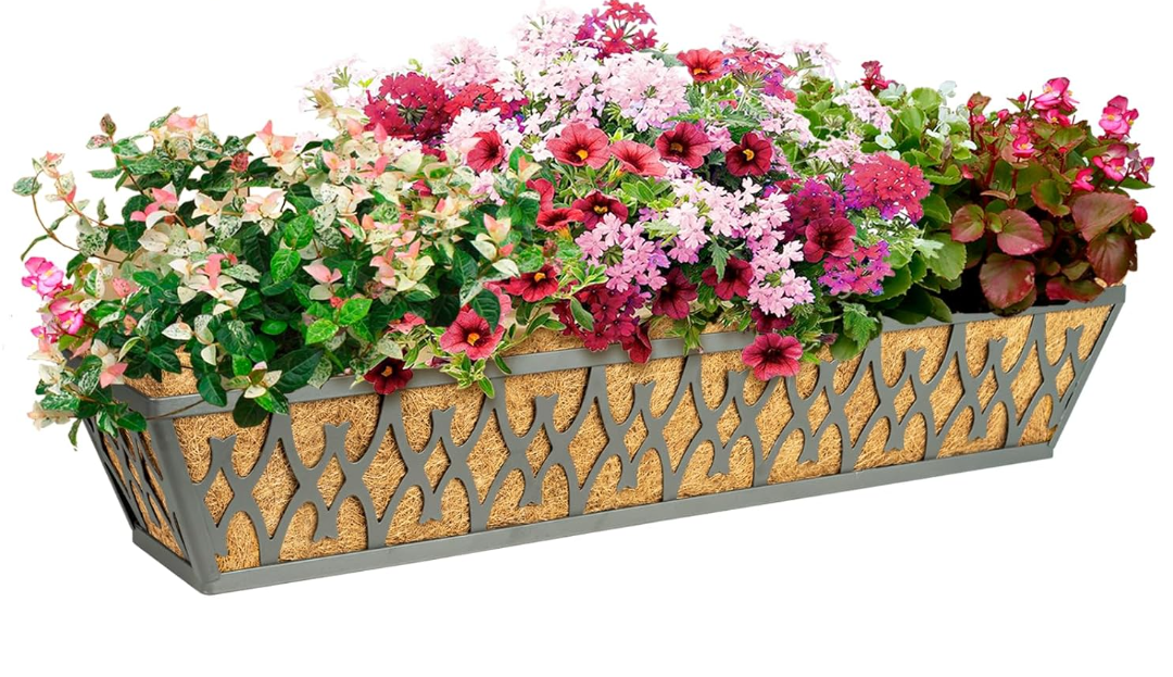 Window Boxes Planters: 2 Pack 30 Inch Railing Planter Box with Adjustable Brackets for Porch Fence Patio Balcony Hanging Flower Baskets with Coco Liners for Outdoor Garden Decor - Grey