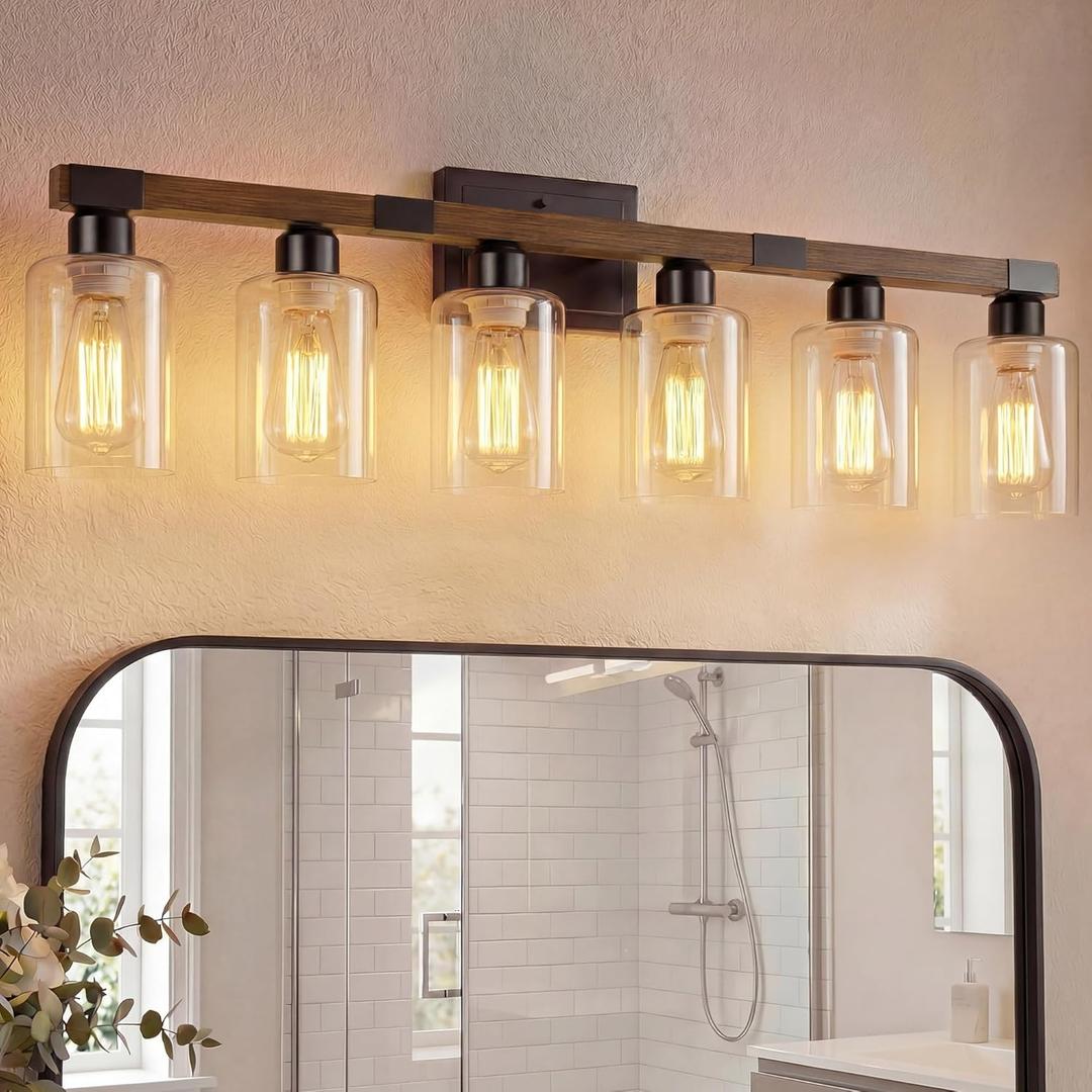 VOLISUN Farmhouse Bathroom Light Fixtures, 6 Light Bathroom Vanity Lights Over Mirror, Rustic Vanity Light for Bathrooms,Wood Bathrooms Lights Fixtures Over Mirror-UL Certificated