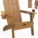Folding Adirondack Chair, Wooden Textured Plastic Adirondack Chairs with 2 Cup Holder, Weather Resistant HDPE Fire Pit Chair, Outdoor Patio Chairs for Garden, Backyard, Lawn, Deck, 380LBS, Teak (1 Pack)
