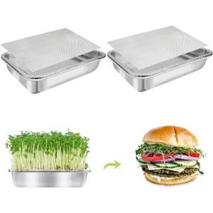 Stainless Steel Sprouts Growing Kit Trays 2-Tier 10.4 inch, Microgreens Growing Kit, Seed Sprouting Tray with Encrypted Mesh Sprouts for Beans Alfalfa Broccoli Seeds Wheat Grass (Silver)
