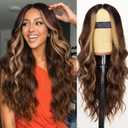 AISI HAIR Beginner Friendly Wigs Brown Highlight Wig for Women, Long Wavy Lace Hairline Middle Part Synthetic Heat Resistant Wig for Daily Party-26 Inch