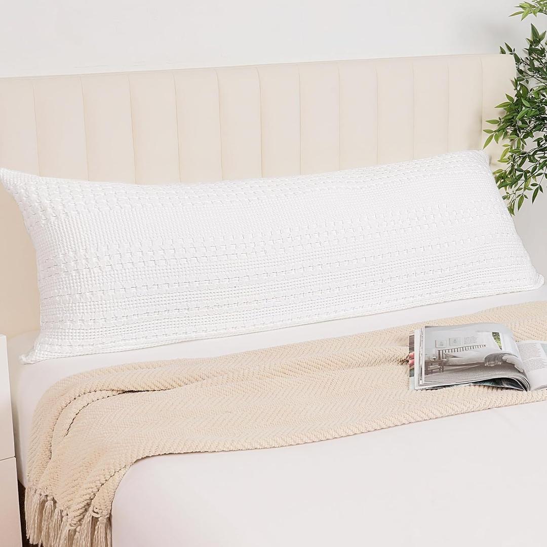 PHF 100% Cotton Waffle Body Pillowcase with Zipper, 1 Pack 20" x 54" Soft Skin-Friendly Pillow Sham, No Filling, Aesthetic Woven and Breathable Waffle Weave Body Pillow Cover for Bed, White