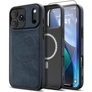 Magnetic for iPhone 17 Pro Max Leather Case, [Compatible with Magsafe] Business Classic Style Shockproof Men WomenProtective Slim fit Phone Cover for iPhone 17 Pro Max, Blue