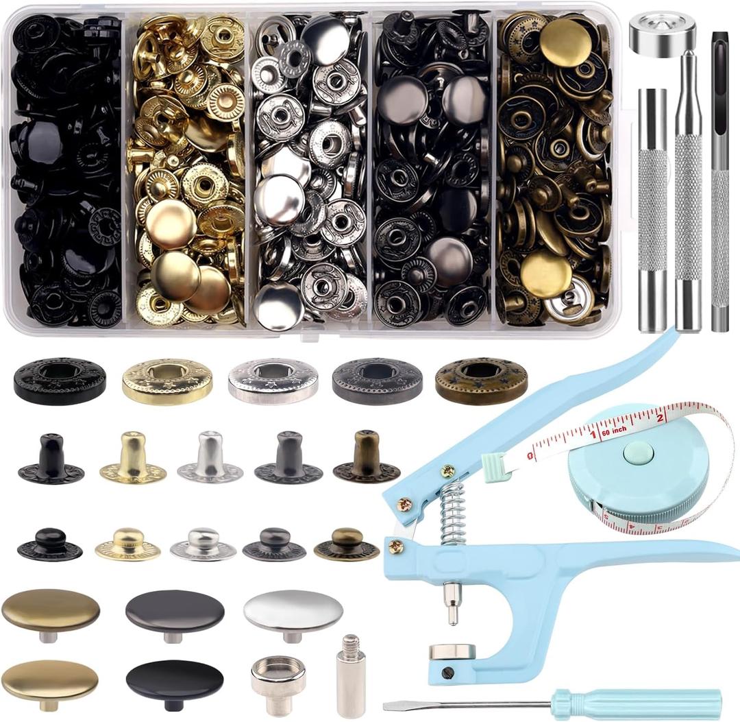 514 Pieces Snap Fasteners Kit, Stainless Steel Leather Snap Fasteners Kit, 5/8inche Sewing Snaps with Snap Pliers, Button Snap Press Studs, 5 Color Leather Snaps for Clothes, Jackets, Bracelets, Bags