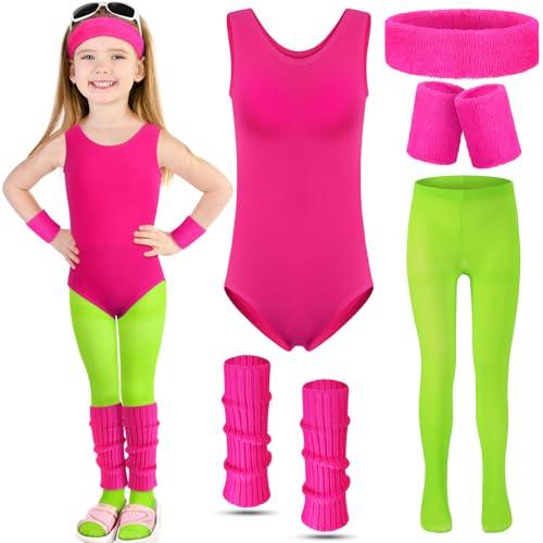 Giegxin Kids 80s Workout Costume Halloween Outfit Accessories Retro Neon Leotard Legging Headband Wristband Leg Warmers(Medium,Rose Red) 120