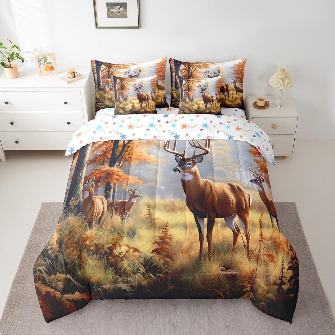 Feelyou Deer Comforter Set with Sheets Queen Size 7 Piece Deer Hunting Bedding Set Antlers Bed in a Bag Western Farmhouse Ornage Bed Set