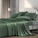 P Pothuiny 6 Pieces Queen Satin Sheets Luxury Woodland Green Satin Bedding Sheet Set, 1 Deep Pocket Fitted Sheet + 1 Flat Sheet + 4 Pillow Cases