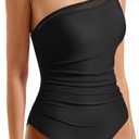 SUUKSESS Women Tummy Control One Piece Swimsuit Mesh One Shoulder Bathing Suit (Large, 69 Black)