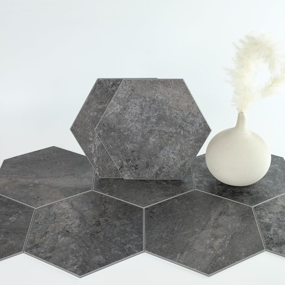 W&S Hexagon Peel and Stick Flooring,24-Sheets Self Adhesive Dark Grey Peel and Stcik Backsplash,Stick on Brick Accent Wall,Thicker Faux Stone Floor Tile for Bathroom,Bedroom,RV (Hexagonal 8.97.7inch)